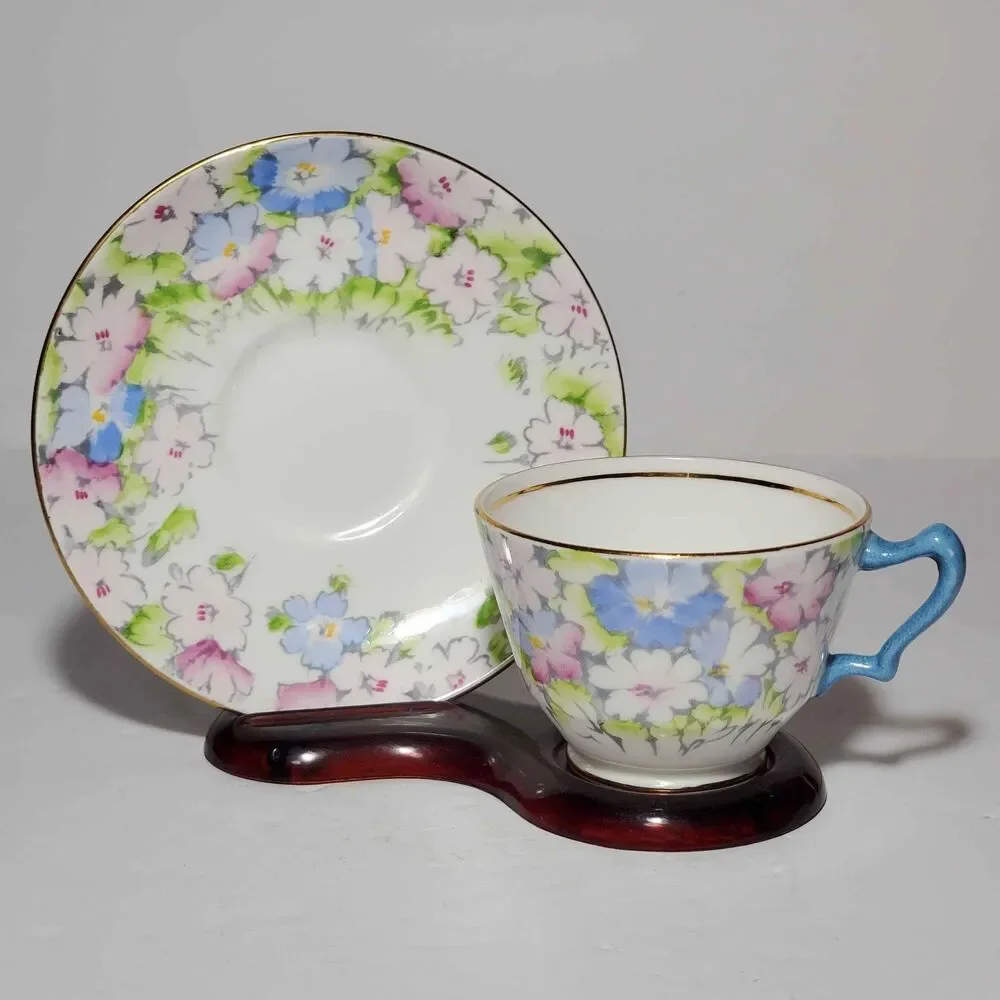 Crown Staffordshire Teacup and Saucer Pink Blue Flowers